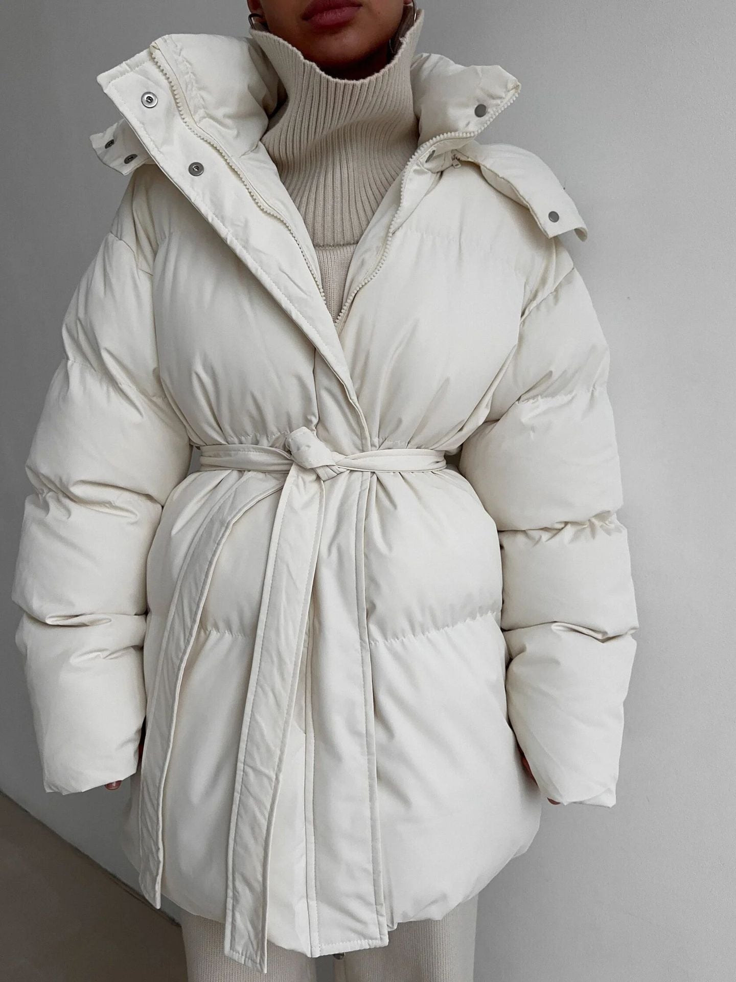 Casual Waist Tight Skinny Slimming Hooded Mid-length Bread Cotton-padded Jacket