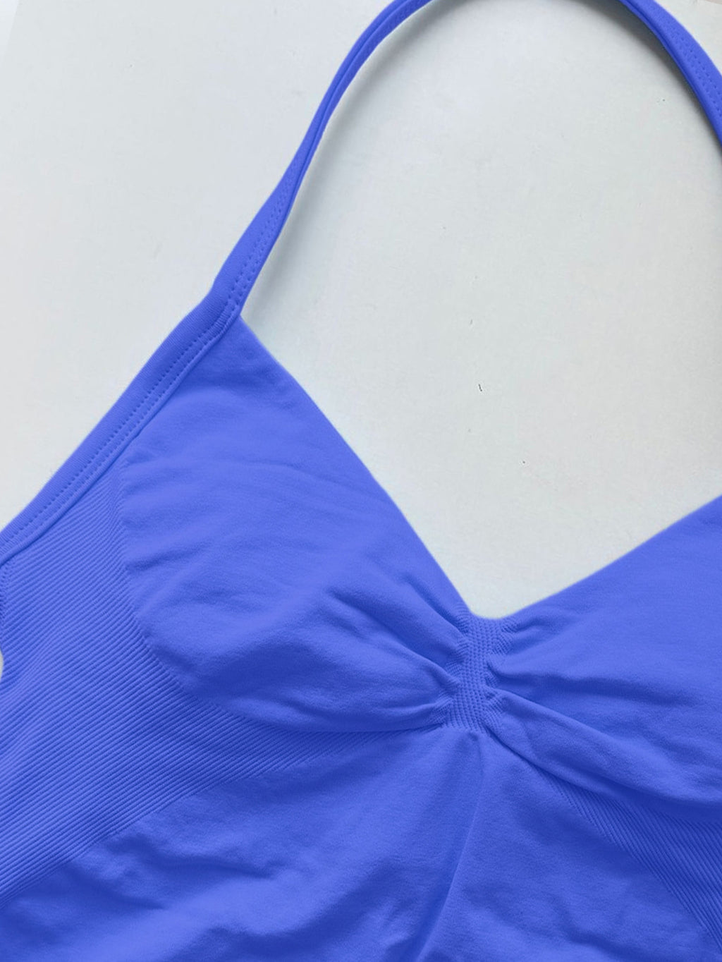 Women Stretch Halter Neck Tank with Bra Pads Seamless Yoga Fitness Two-Piece Set
