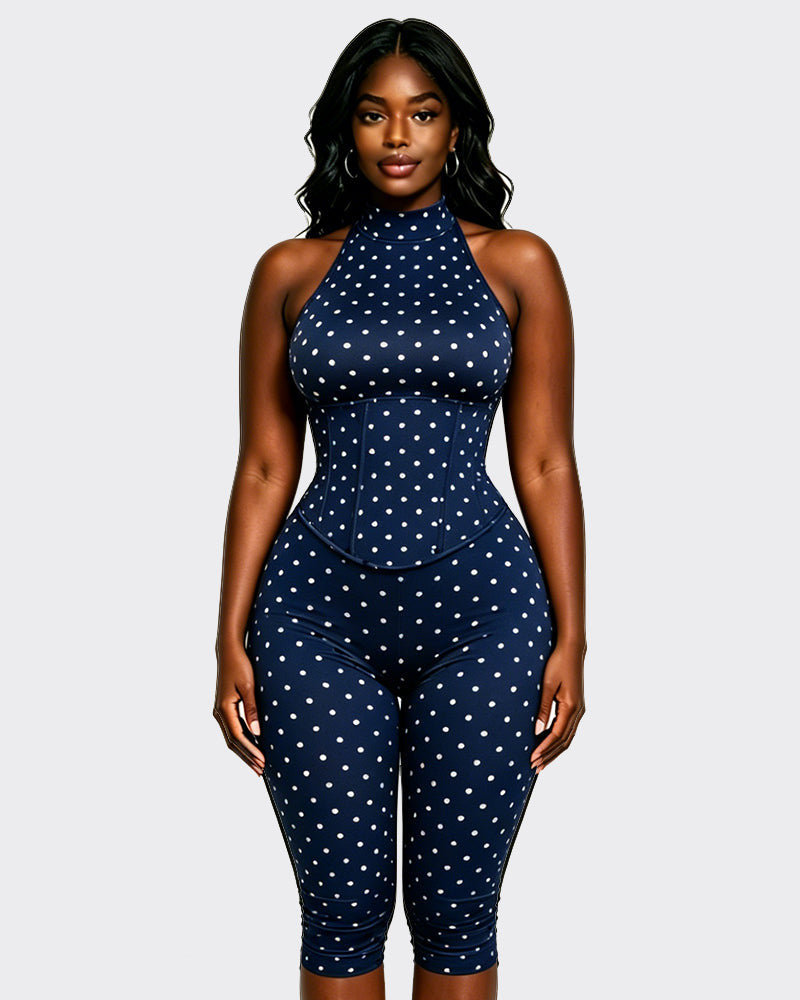Women Halter Neck Polka Dot Zipper Capri Jumpsuit (Faux Two-Piece)
