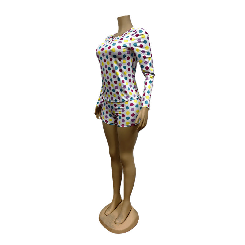 Women Autumn Polka Dot Print Long-Sleeve Top and Shorts Two-Piece Set