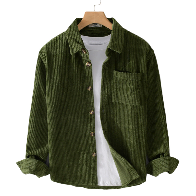 Men's Winter Corduroy Shirt with Pocket - Lapel Button Long Sleeve Top