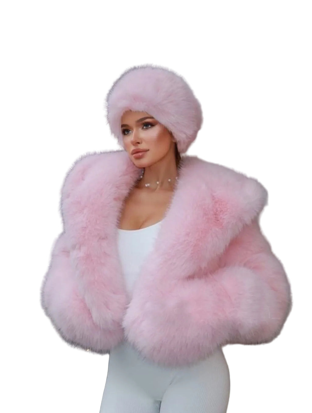 Women Winter Pink Furry Hooded Coat Two-Piece Set