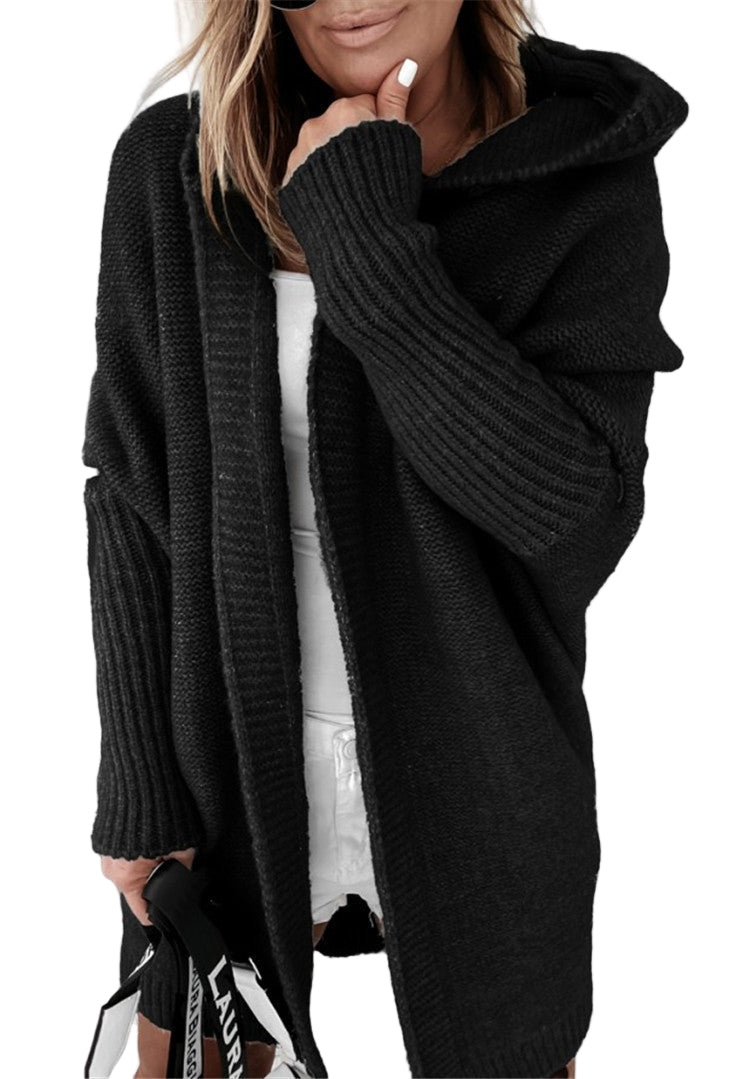 Women's Knitted Hooded Cardigan - Loose Batwing Sleeve Sweater