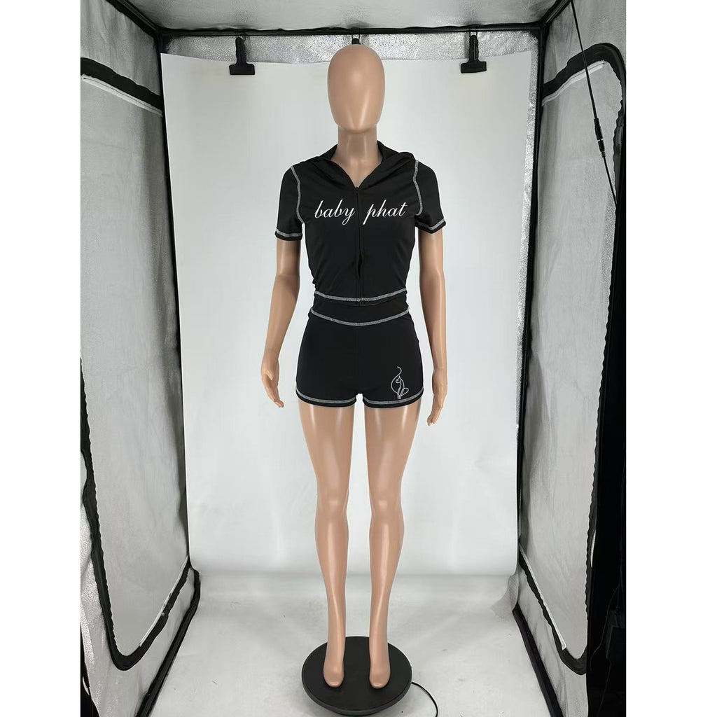 Summer Women High-Stretch Zip Hooded Casual Short Sleeve Top Shorts Two-Piece Set