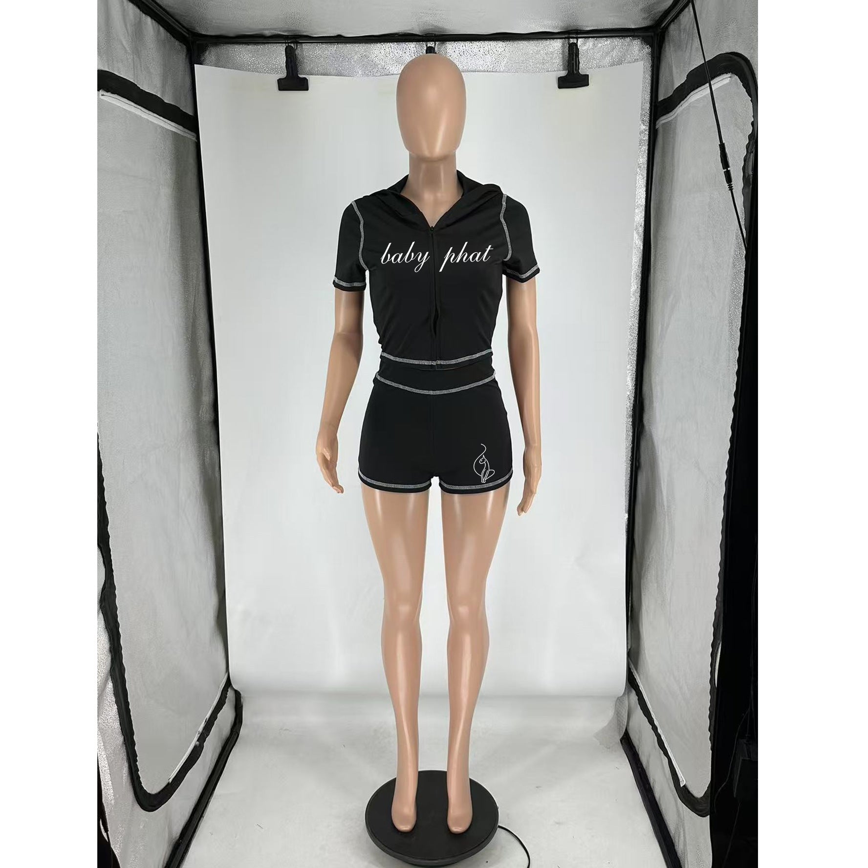 Summer Women High-Stretch Zip Hooded Casual Short Sleeve Top Shorts Two-Piece Set