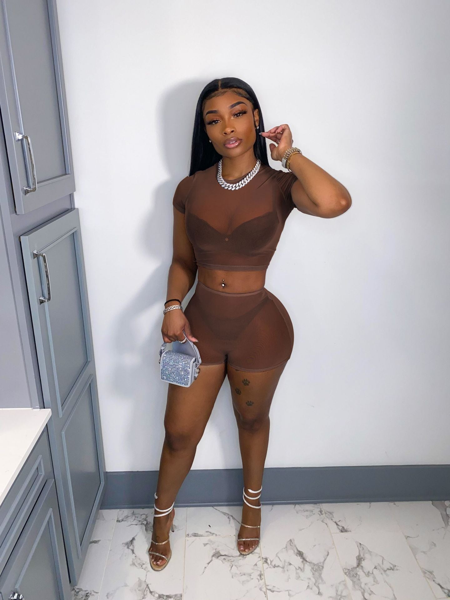 Women's Solid Short Sleeve Hollow Out Slim Fit Mesh Two-Piece Shorts Set