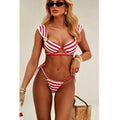Women Suspender Ruffle Striped Print Lace-Up Bikini Swimwear Two Pieces
