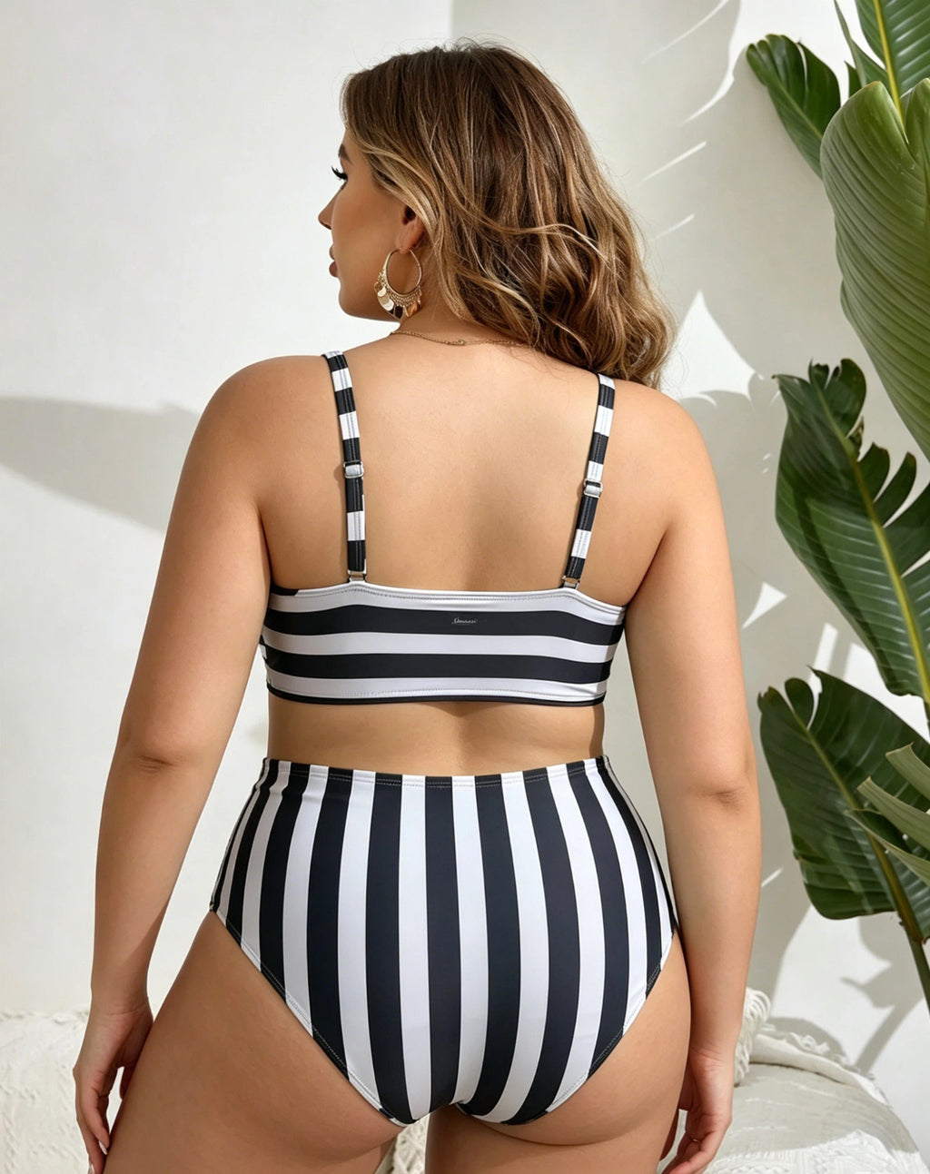 Plus Size Women Mesh Strapless Three-Piece Striped High Waist Bikini Swimsuit