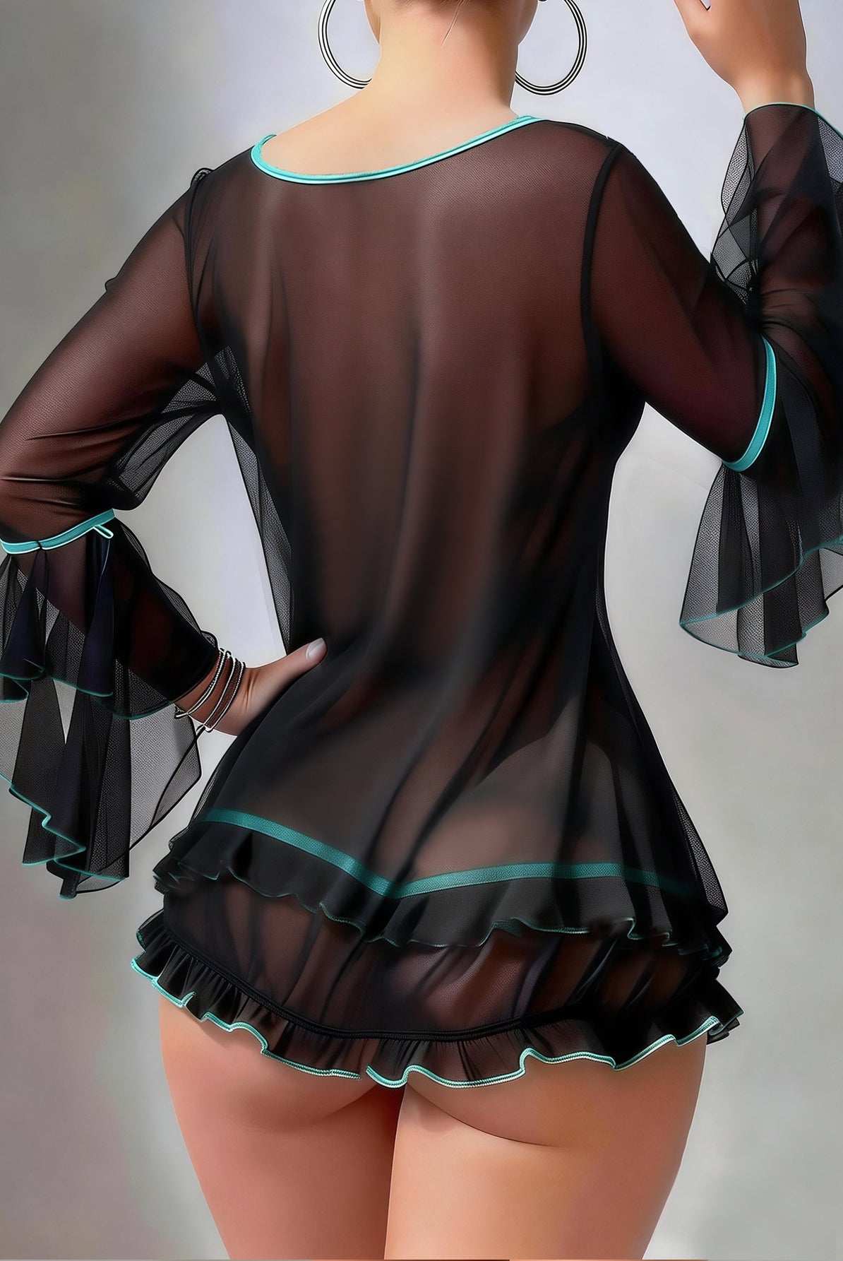 Women Color Block Long-Sleeved Sexy Lingerie with Panties and Garterbelt