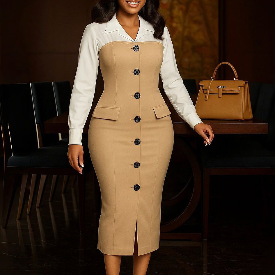 Women Autumn/Winter Long-Sleeved Turndown Collar Bodycon Dress