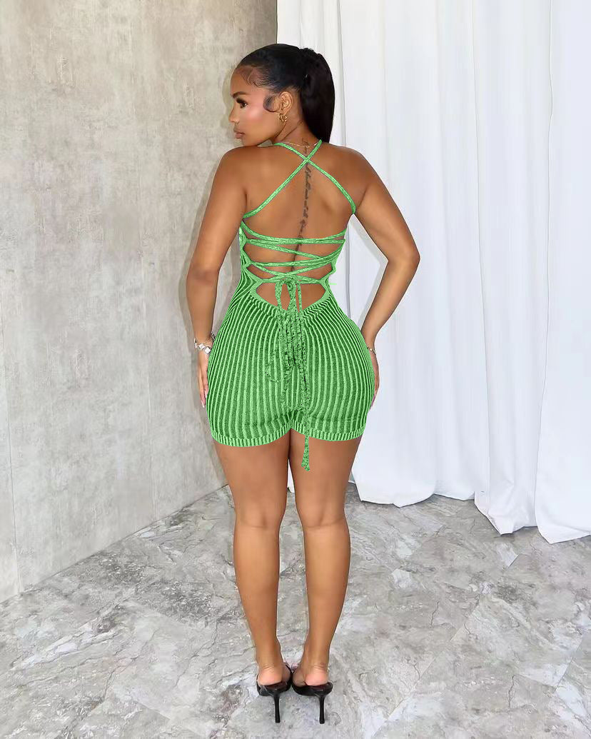 Women Casual Backless Lace-Up Knitting Jumpsuit