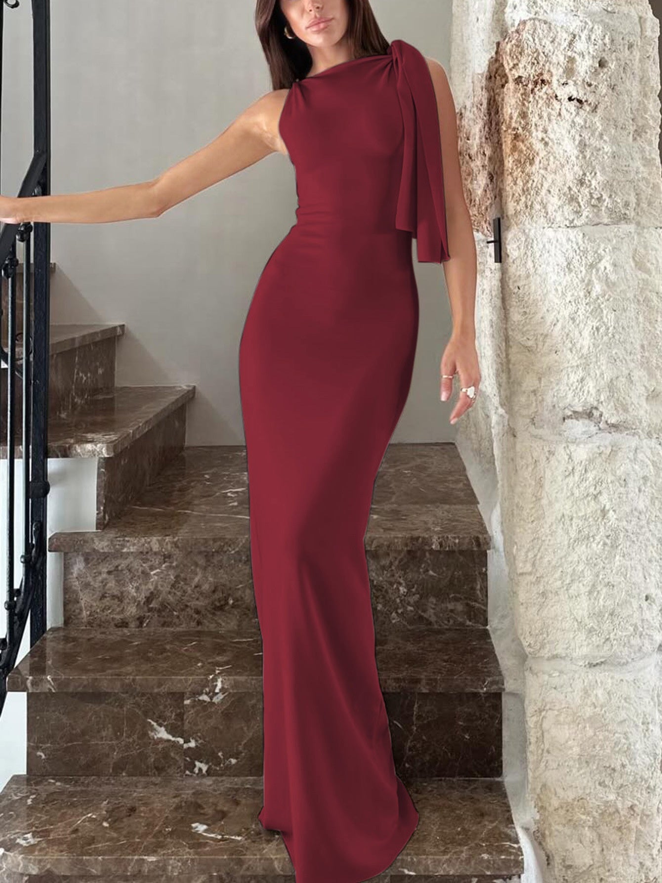 Women's One-Shoulder Ribbon Long Dress - Elegant Formal Gown