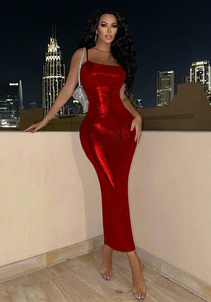 Women Sequin Evening Dress Sexy Low Back Fitted Strap Dress