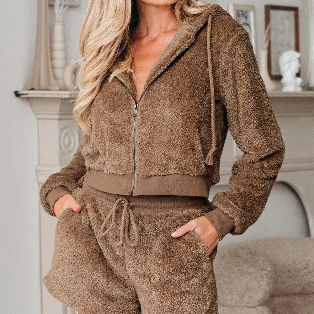 Parchment Zip-Up Hoodie, Drawstring Shorts, Sherpa 2-Pcs Outfit