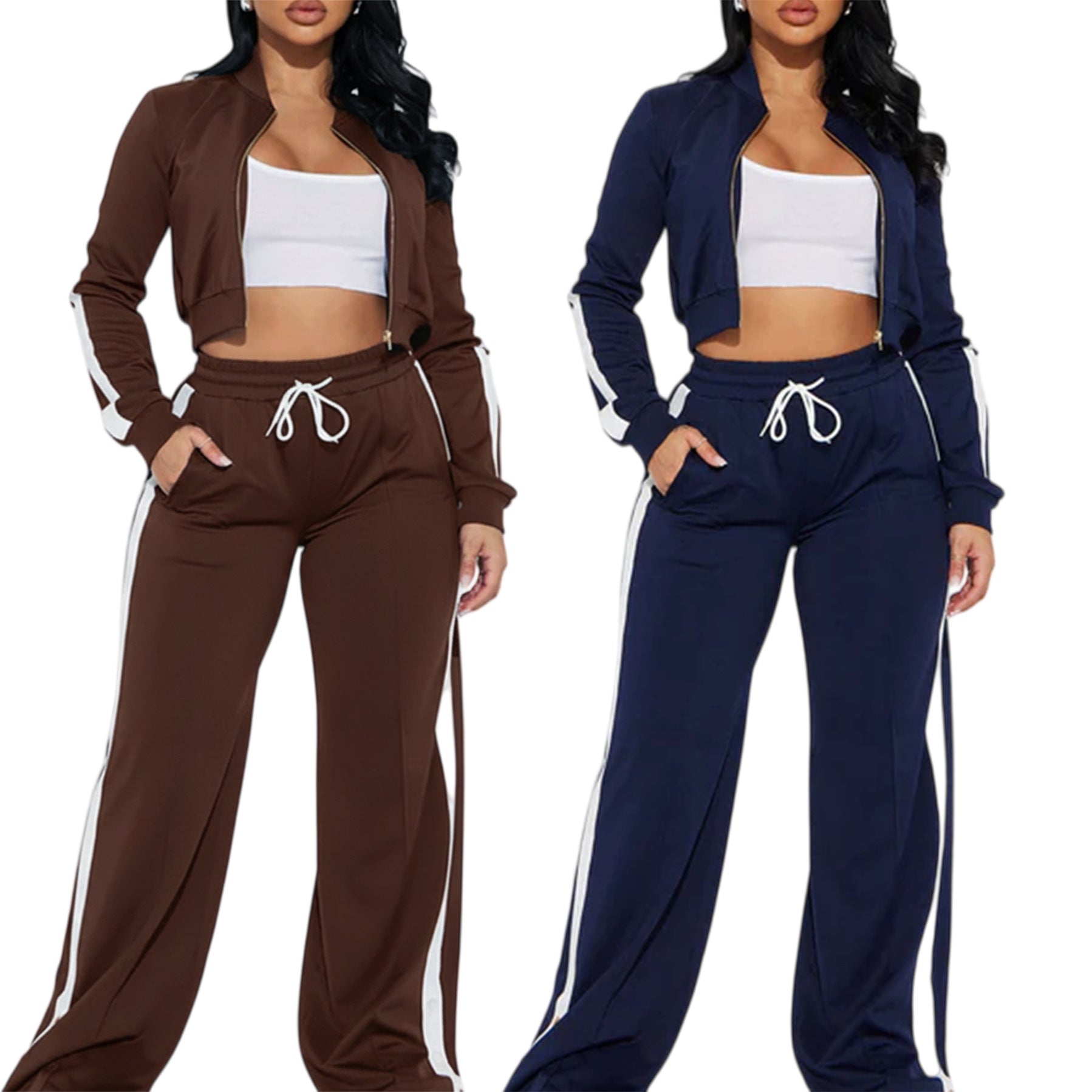 Women Sport Casual Side Stripe Long Sleeve Zipper Jacket Wide-Leg Pants Two-Piece Set