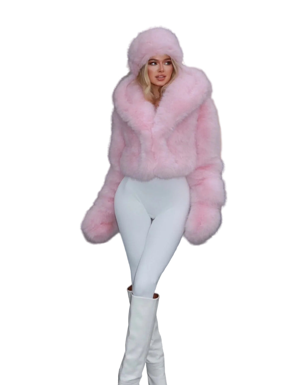 Women Winter Pink Furry Hooded Coat Two-Piece Set