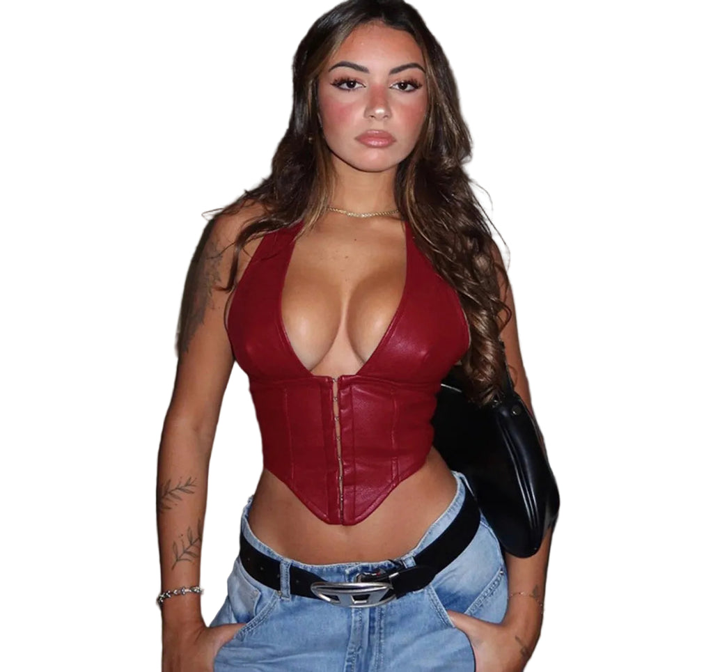 Women sexy pu Leather Halter Neck vest