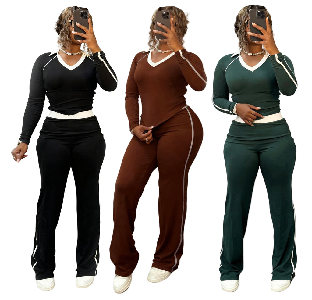 Women's Fashion Sport Casual Color Block Patchwork Turndown Collar High-Waist Two Piece Pants Set