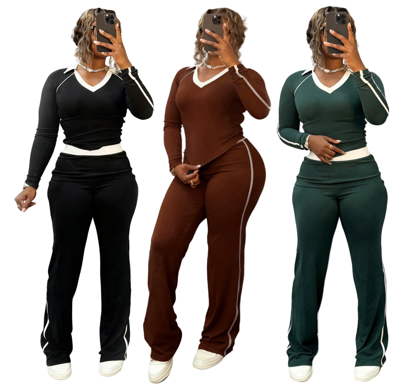 Women's Fashion Sport Casual Color Block Patchwork Turndown Collar High-Waist Two Piece Pants Set