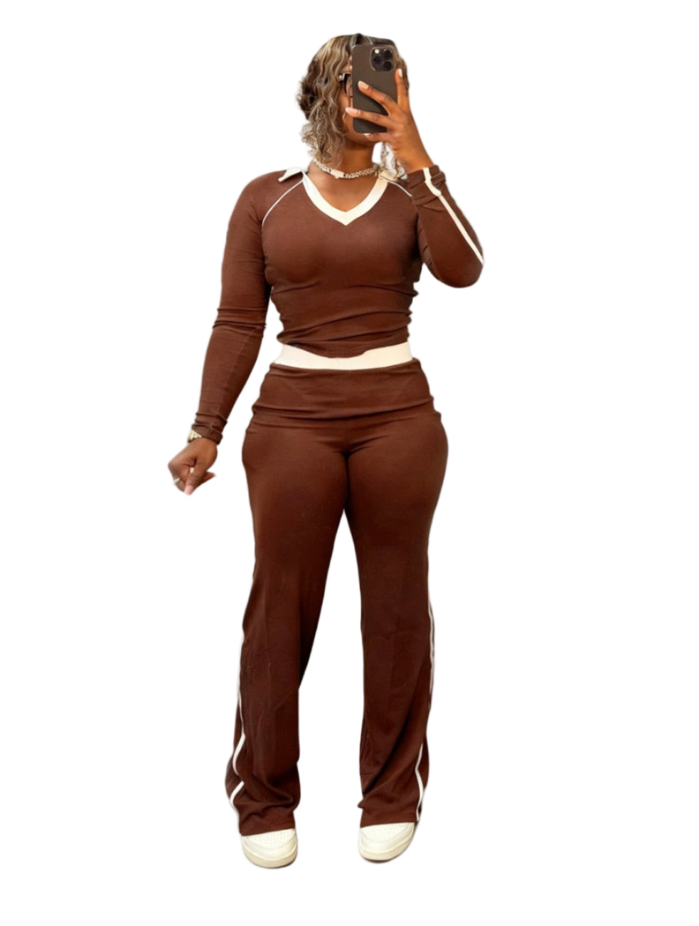 Women's Fashion Sport Casual Color Block Patchwork Turndown Collar High-Waist Two Piece Pants Set