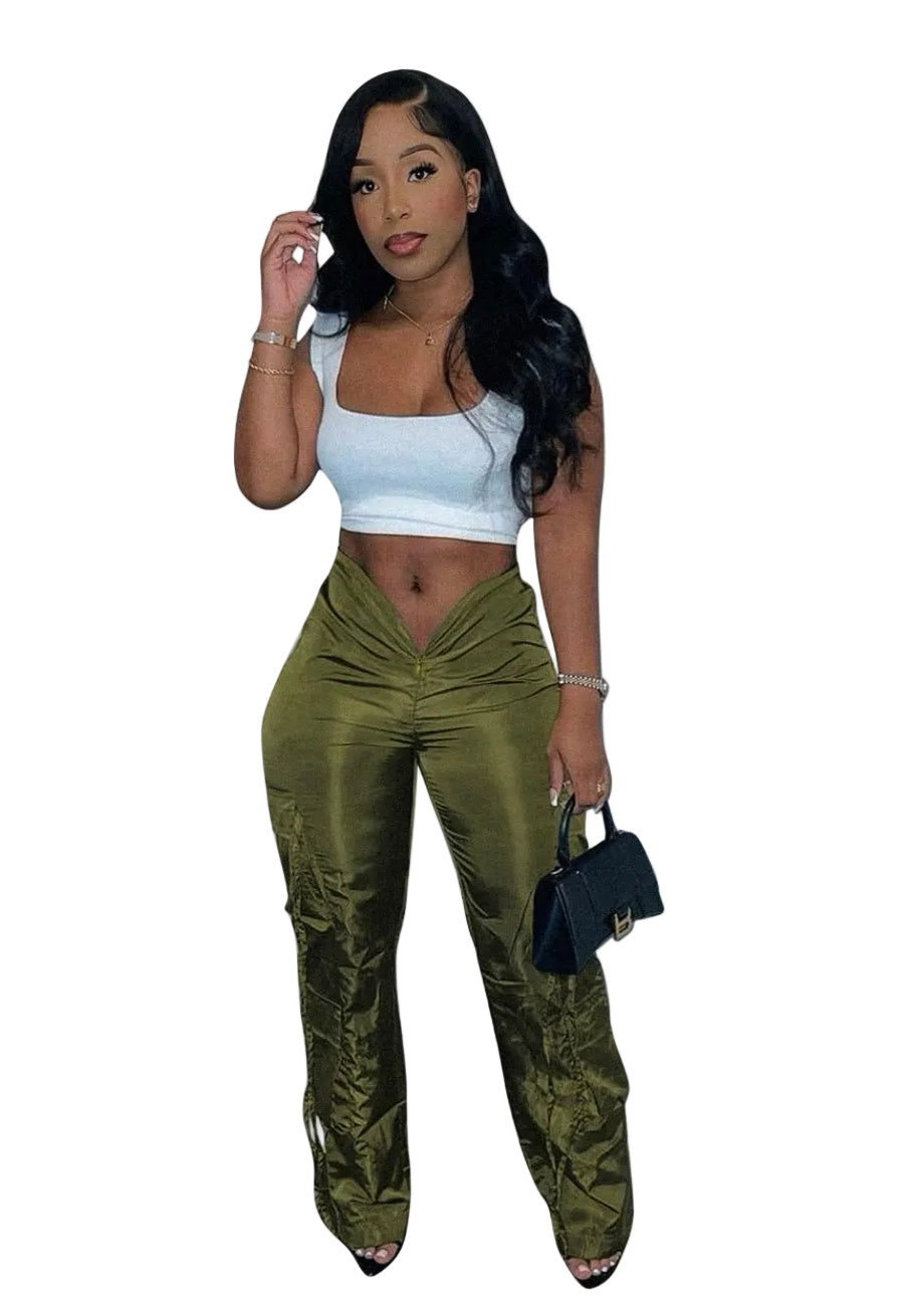 Women's Zip Lace-Up Solid Green Casual Trousers