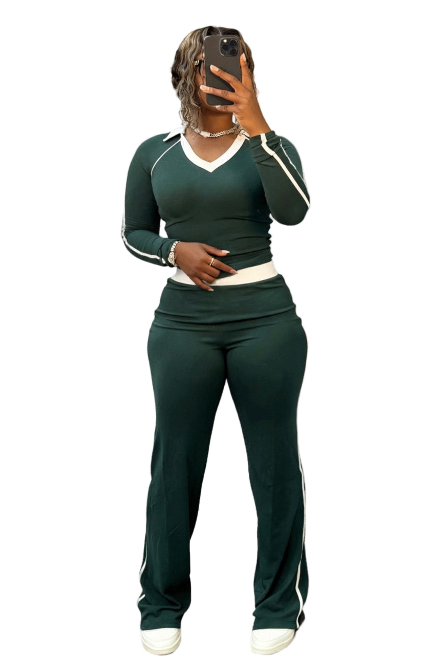 Women's Fashion Sport Casual Color Block Patchwork Turndown Collar High-Waist Two Piece Pants Set