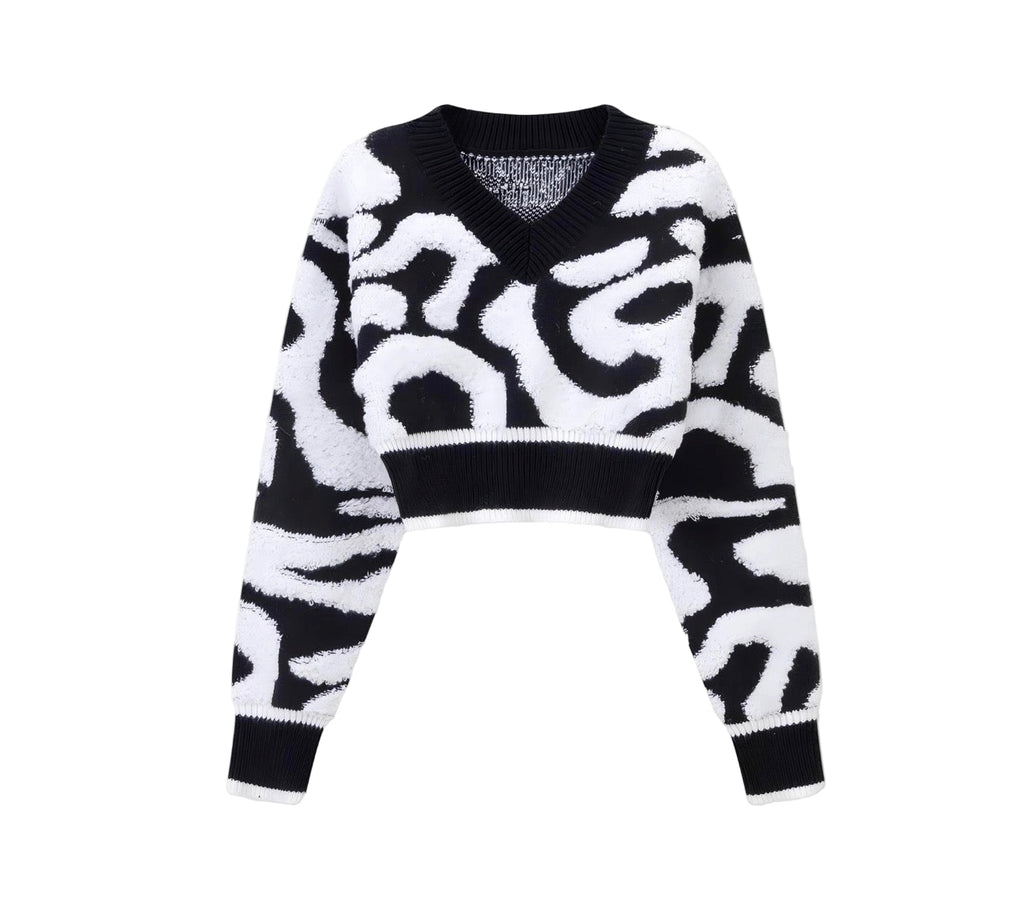 Autumn Women's Fashion Sweet Color Block Low Cut V-Neck High Waist Knitting Top