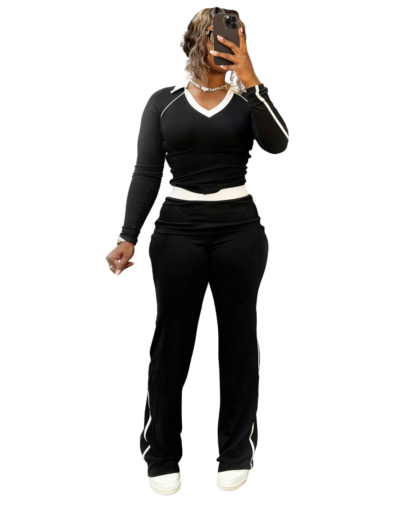 Women's Fashion Sport Casual Color Block Patchwork Turndown Collar High-Waist Two Piece Pants Set