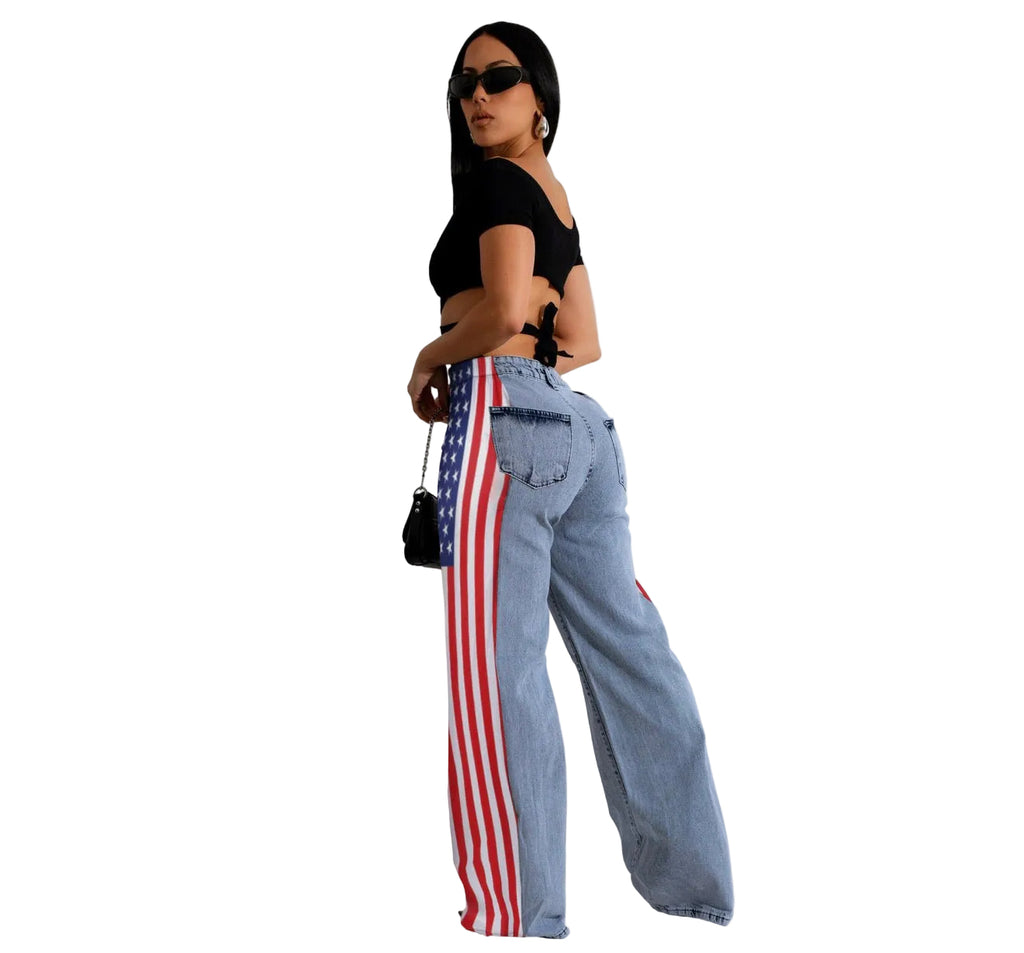 Women American Flag Printed Elastic Wide Leg Denim Pants
