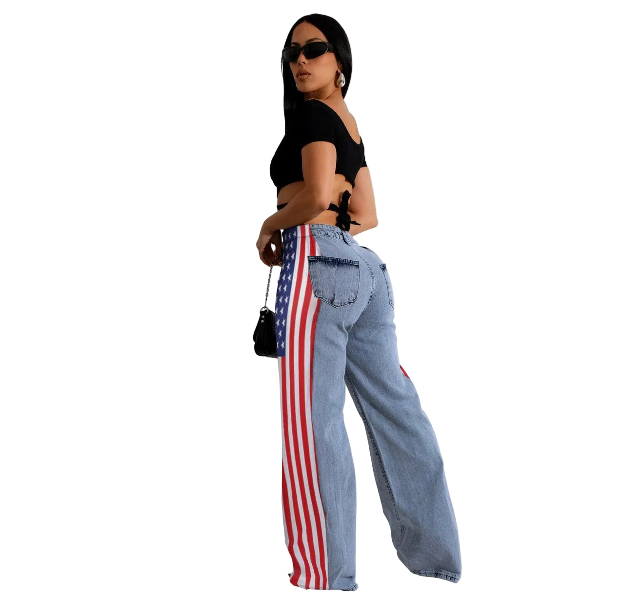 Women American Flag Printed Elastic Wide Leg Denim Pants