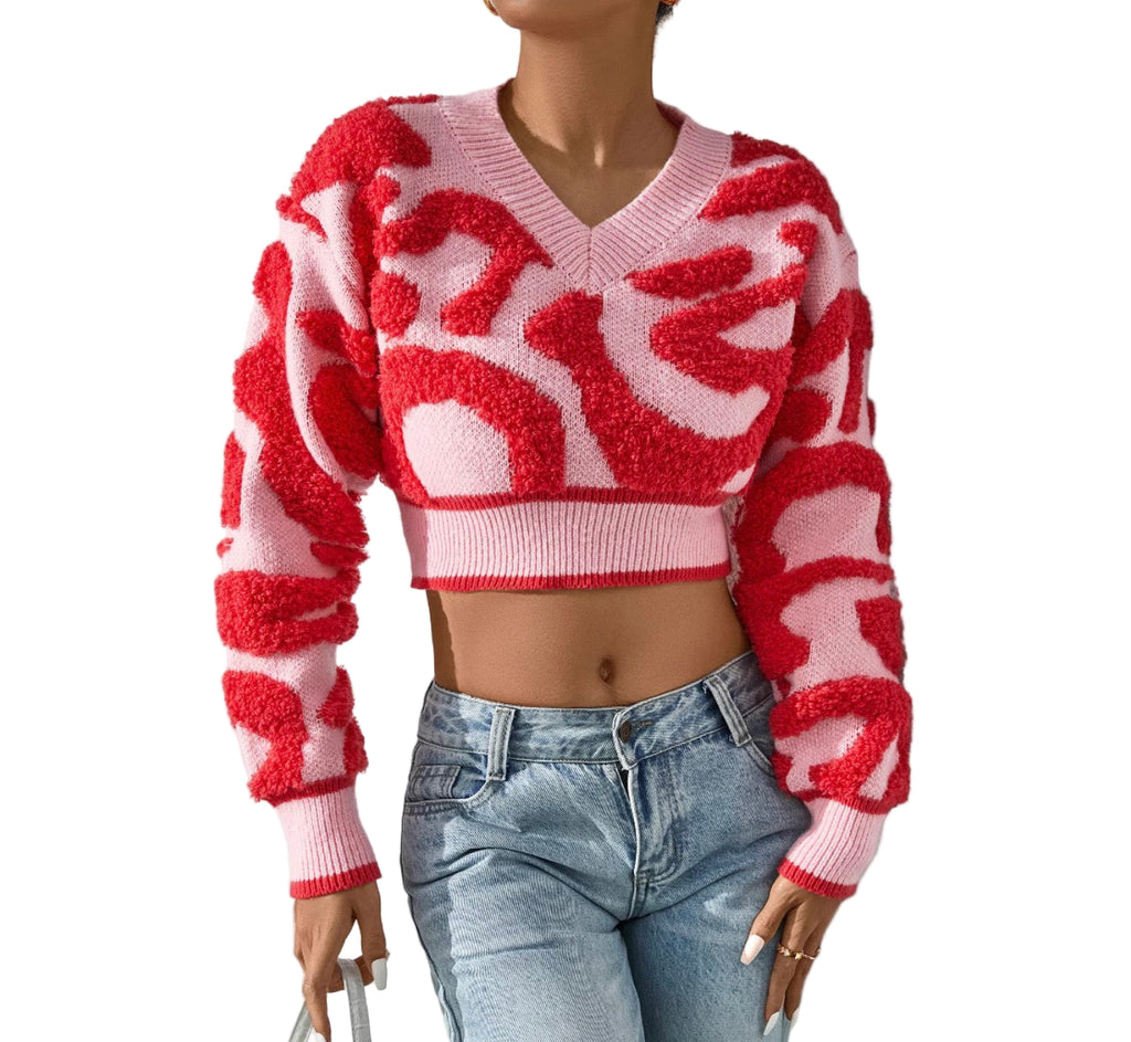 Autumn Women's Fashion Sweet Color Block Low Cut V-Neck High Waist Knitting Top