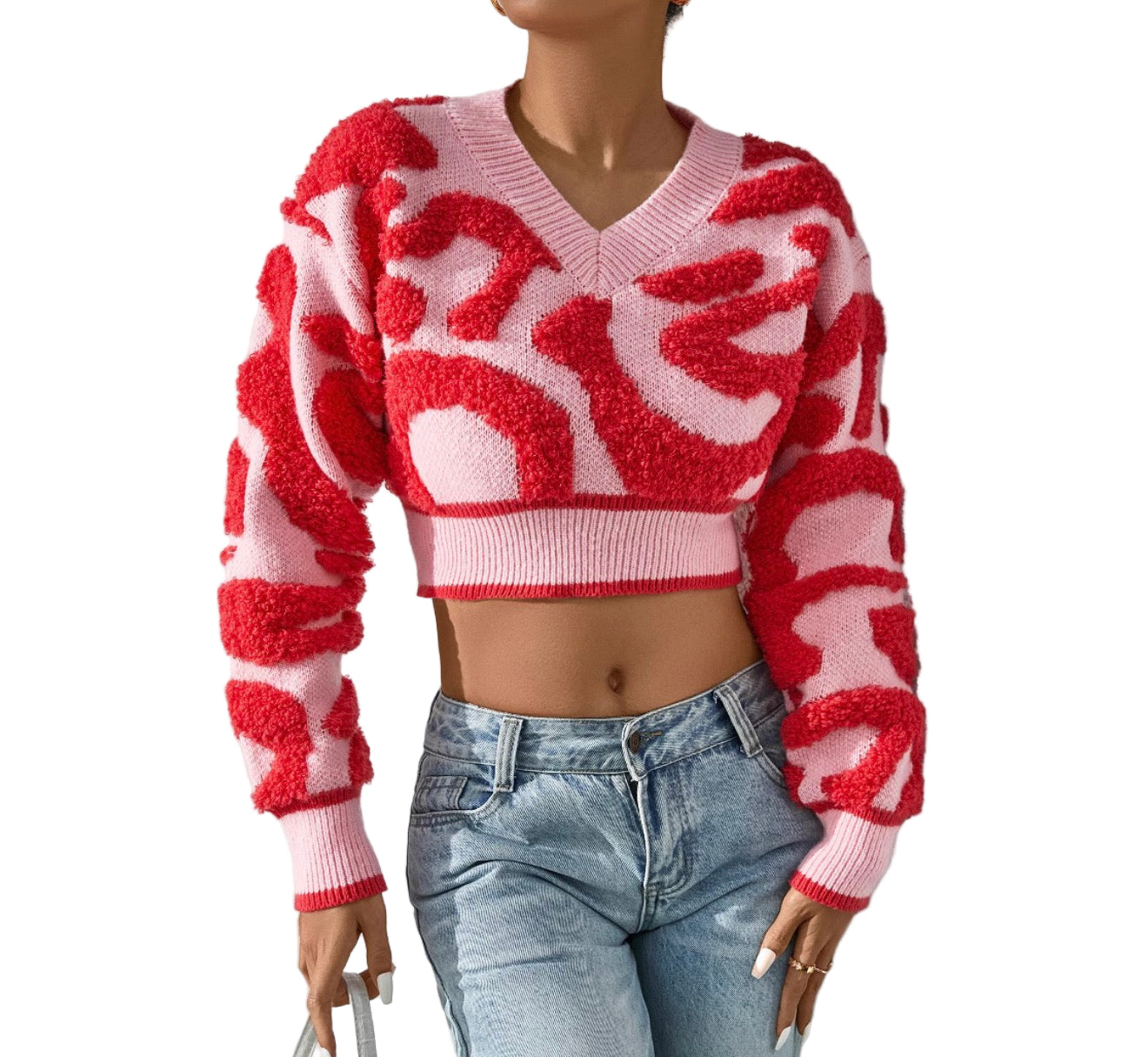 Autumn Women's Fashion Sweet Color Block Low Cut V-Neck High Waist Knitting Top