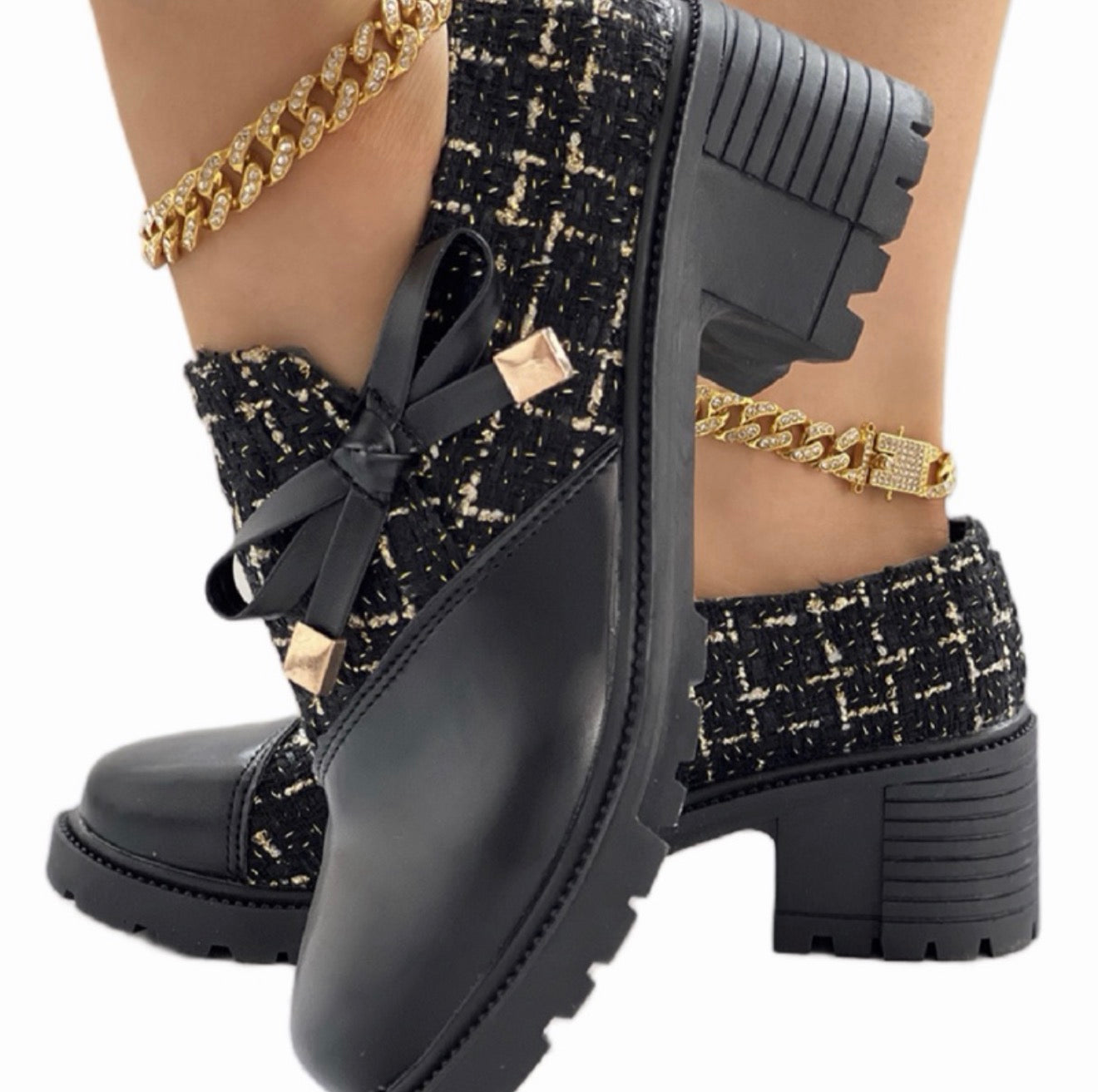 Women's autumn shoes thick heels and plaid patchwork leather shoes
