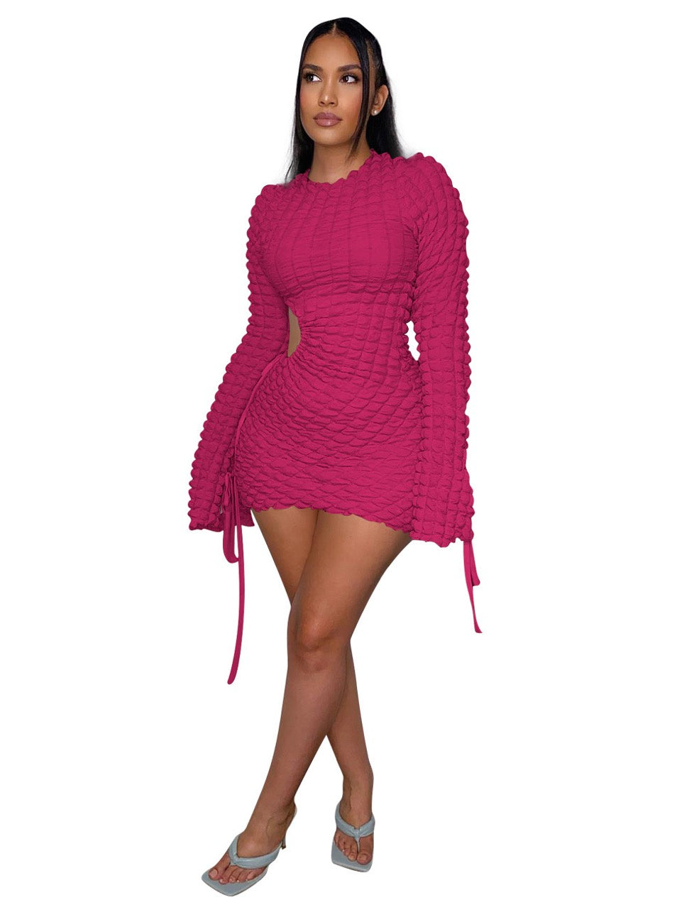 Women Fashion Drawstring Plaid Sexy Cutout Bodycon Dress