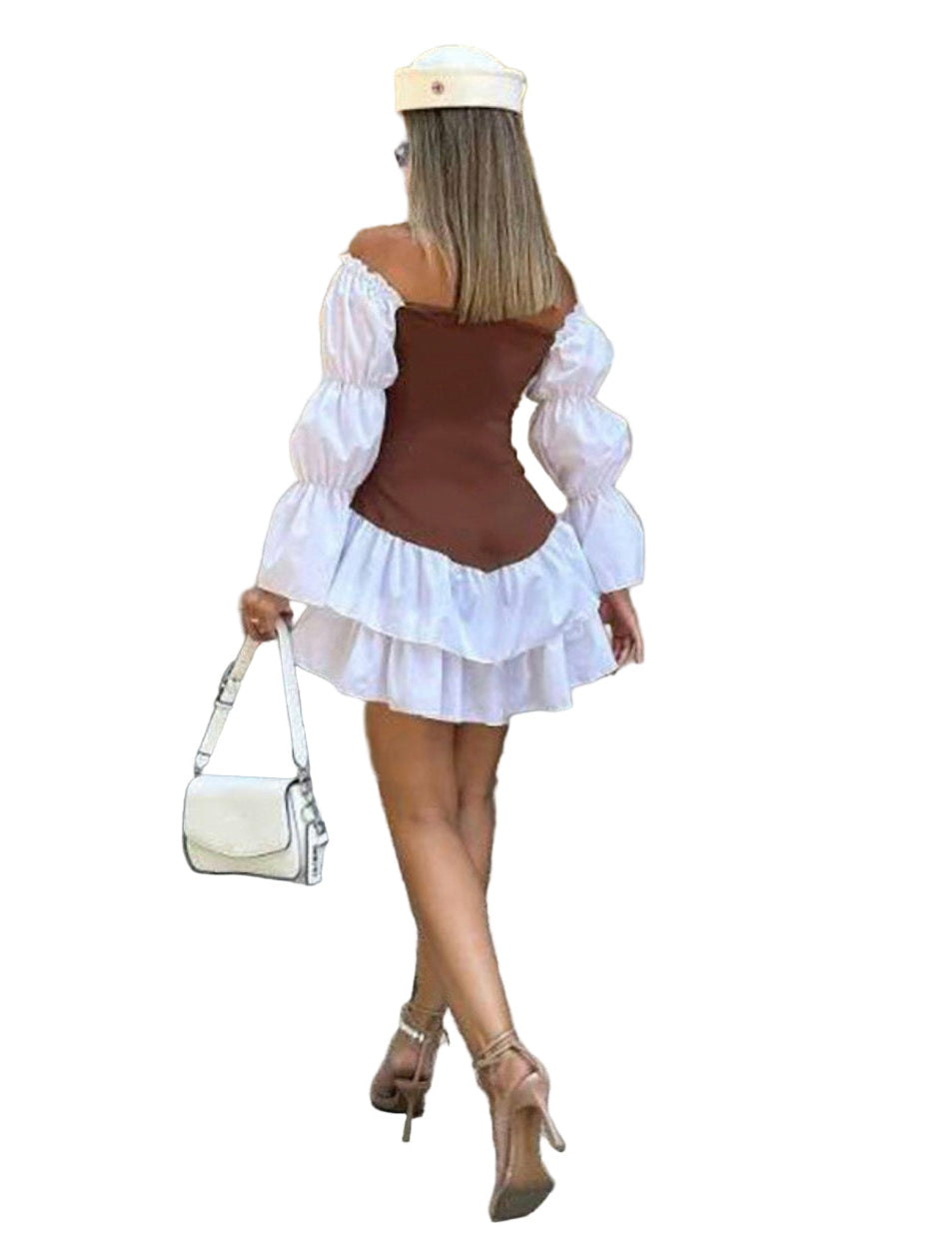 Autumn Women's Sexy Color Block Off Shoulder Puff Sleeve Slim Waist Casual Dress