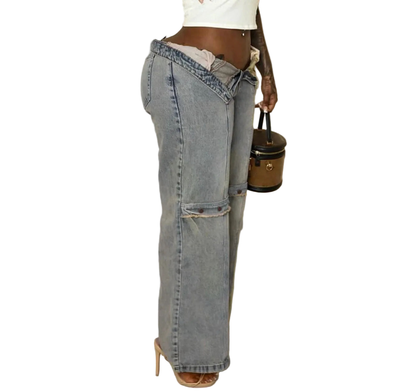 Women Summer Washed Tassel Button Straight Denim Pants