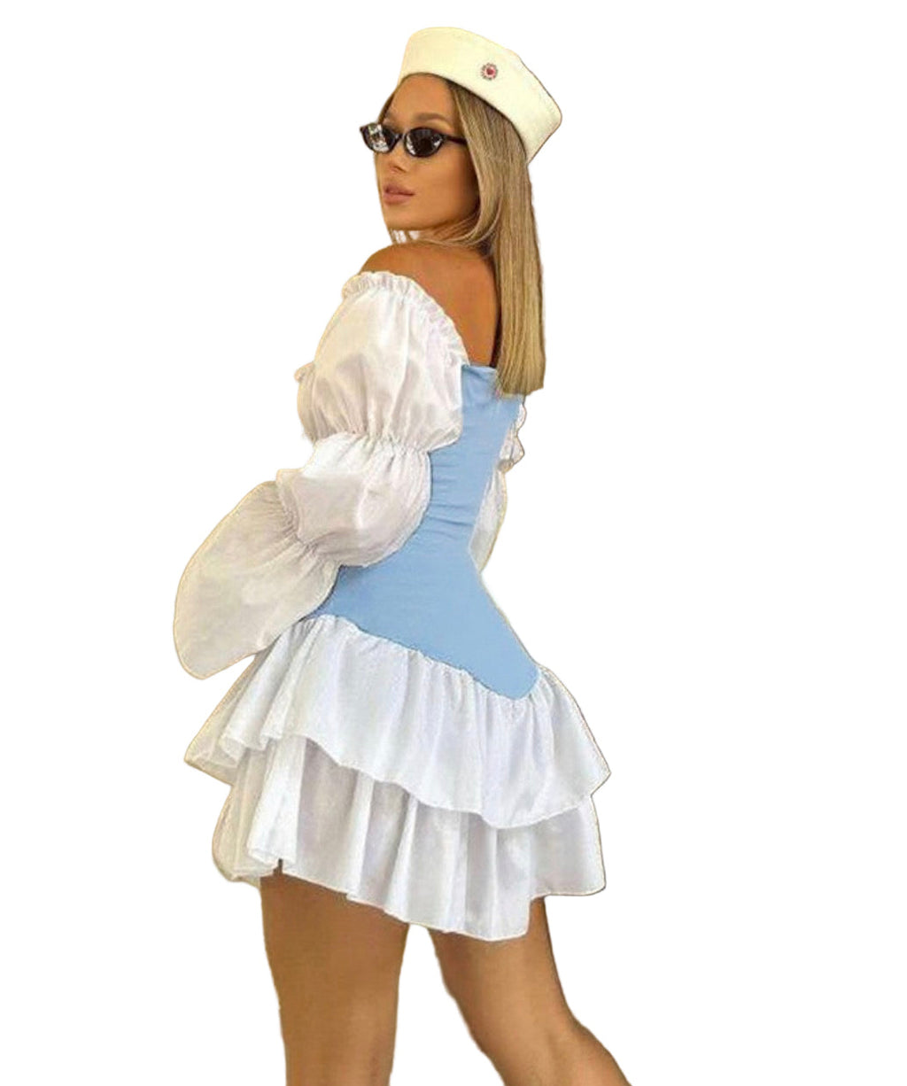 Autumn Women's Sexy Color Block Off Shoulder Puff Sleeve Slim Waist Casual Dress
