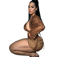Women Leopard Print Ruffle Collar Bell Bottom Sleeve Top Bra and Skirt Three-Piece