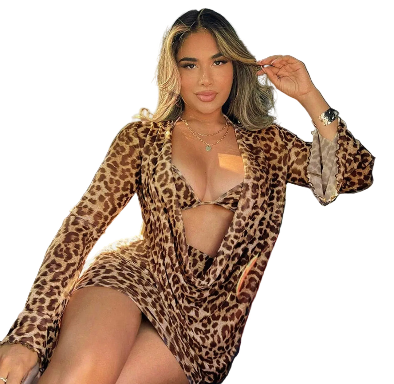 Women Leopard Print Ruffle Collar Bell Bottom Sleeve Top Bra and Skirt Three-Piece