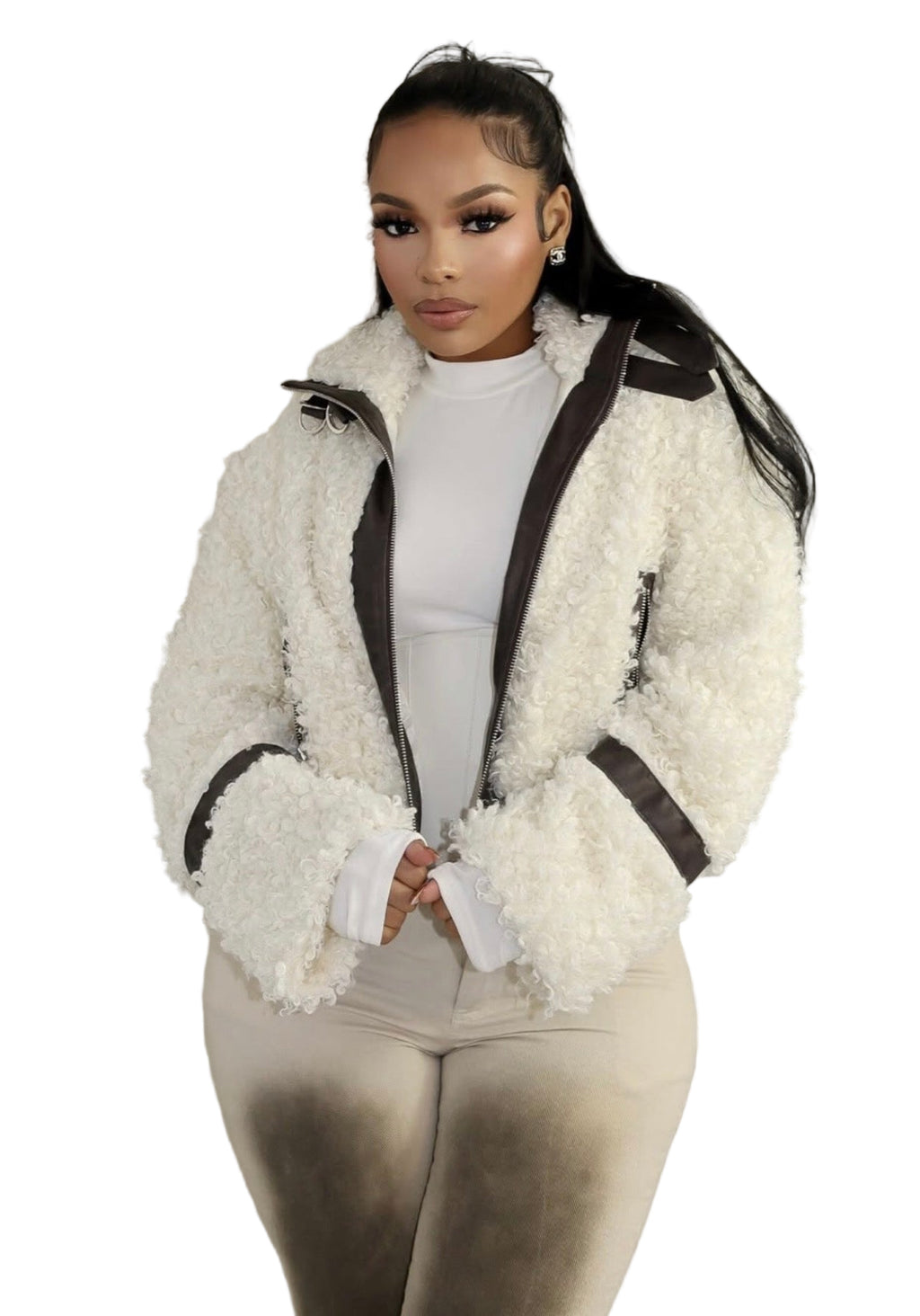 Women Casual Winter Fur Collar Patchwork Pu-Leather Coat
