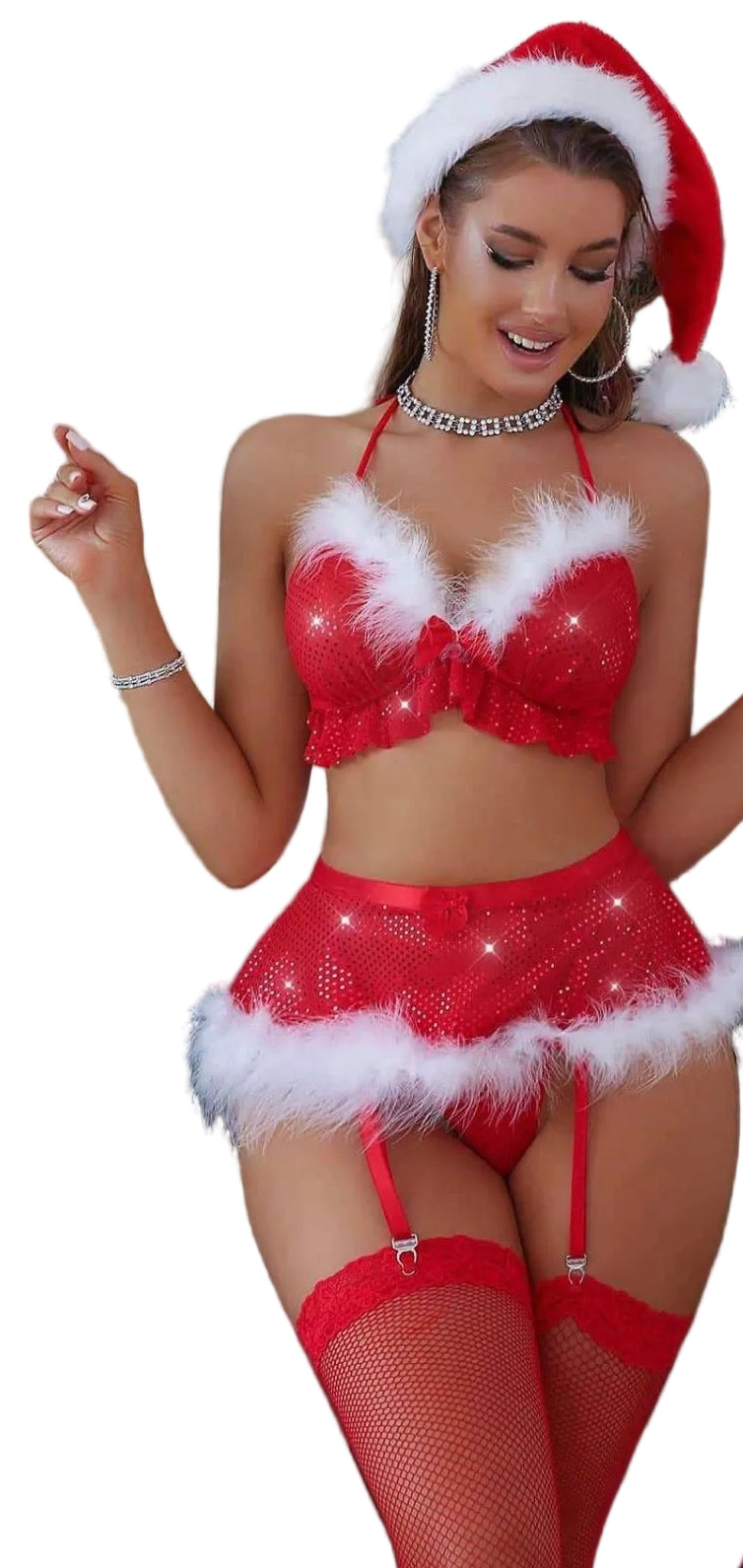 Christmas Women Red Nightgown Sexy Lingerie Set