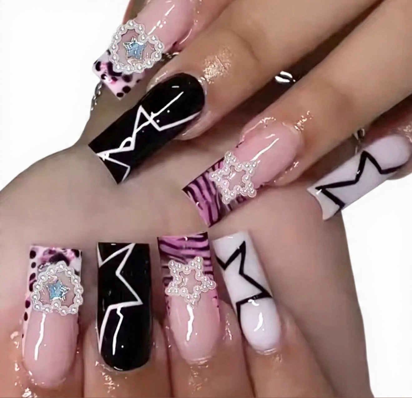 Y2K Star Glitter Long Square Press-On Nail Set – 24pcs Black & Pink Gel Fake Nails