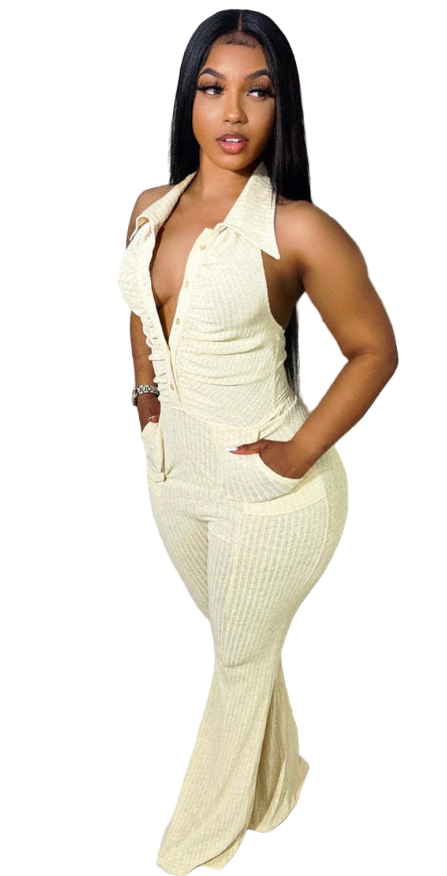 Women's Solid Sexy Low Back Halter Neck Turndown Collar Jumpsuit for Trendy Outfits Bodysuit Womenswear Basic Minimalist Tops Sleeveless