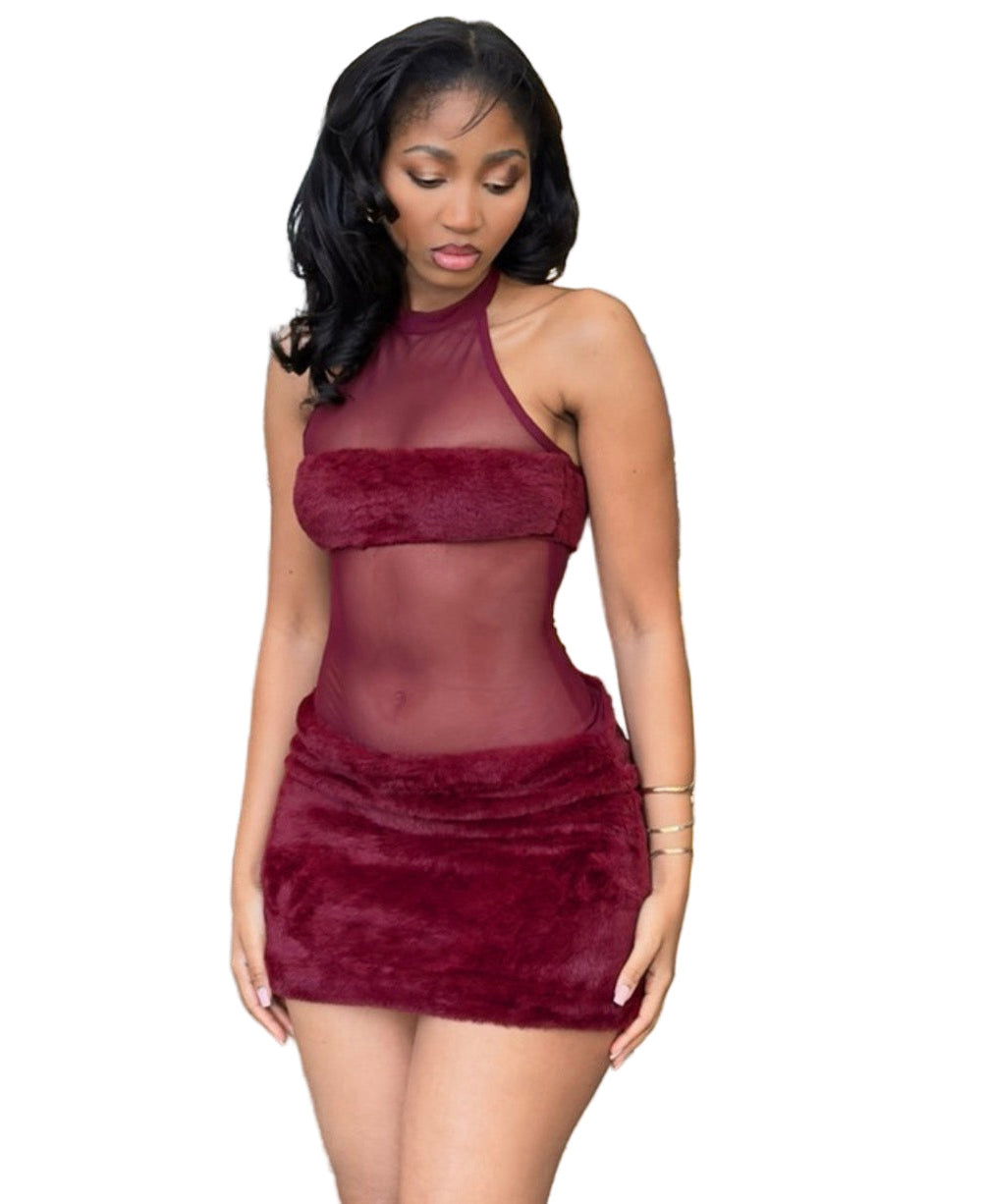 Women Fall/Winter Sexy Mesh See-Through Patchwork Furry Sleeveless Backless Dress