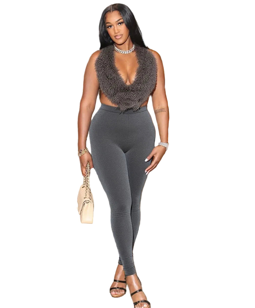 Women's Plush Halter Neck Deep Low Back Lace-Up Tight-Fitting Pants Set