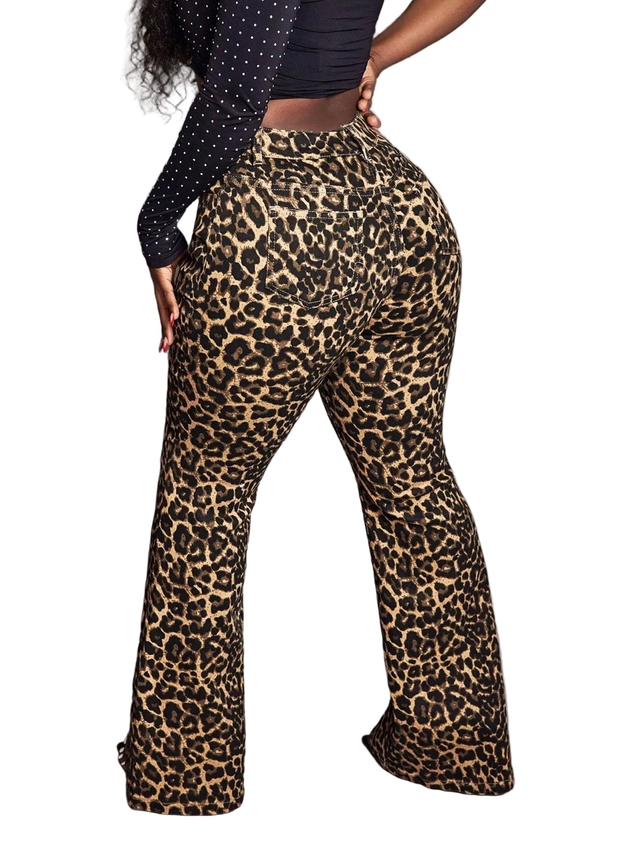 Women Stretchy Leopard Print Bell Bottom Denim Pants