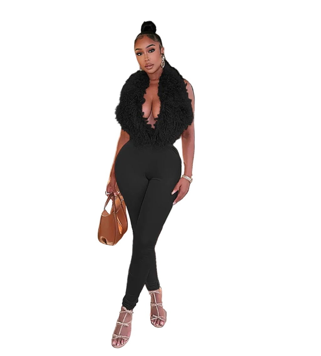 Women's Plush Halter Neck Deep Low Back Lace-Up Tight-Fitting Pants Set