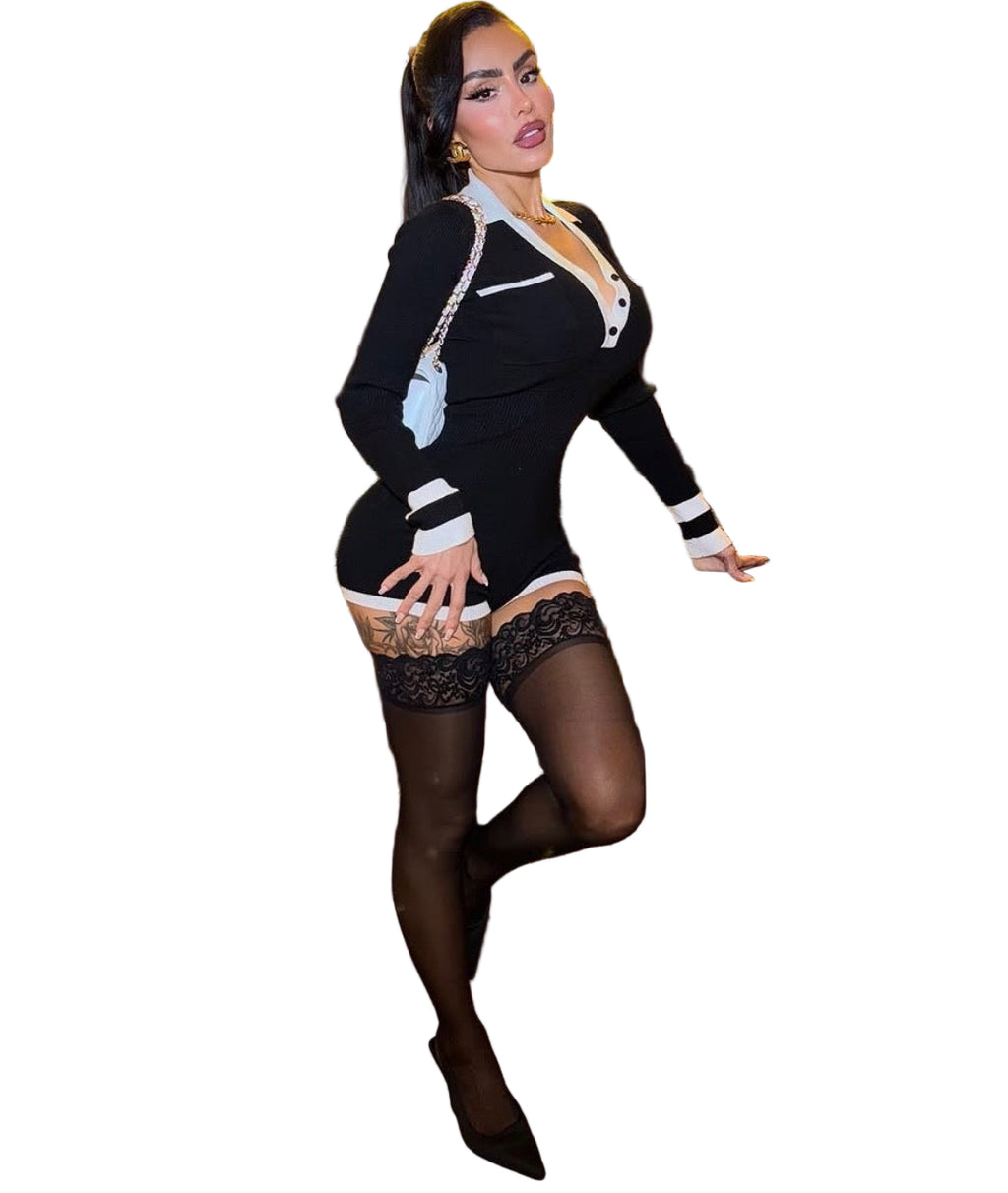 Women Autumn Sexy Long-Sleeved Solid Shirt Collar Romper