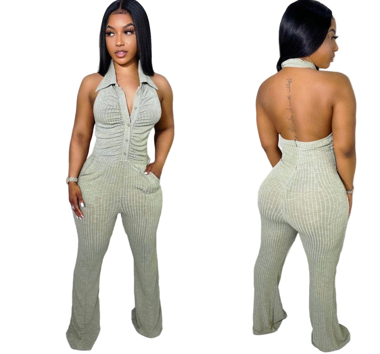 Women's Solid Sexy Low Back Halter Neck Turndown Collar Jumpsuit for Trendy Outfits Bodysuit Womenswear Basic Minimalist Tops Sleeveless
