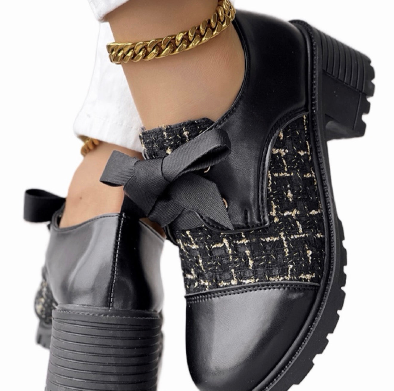 Women's autumn shoes thick heels and plaid patchwork leather shoes